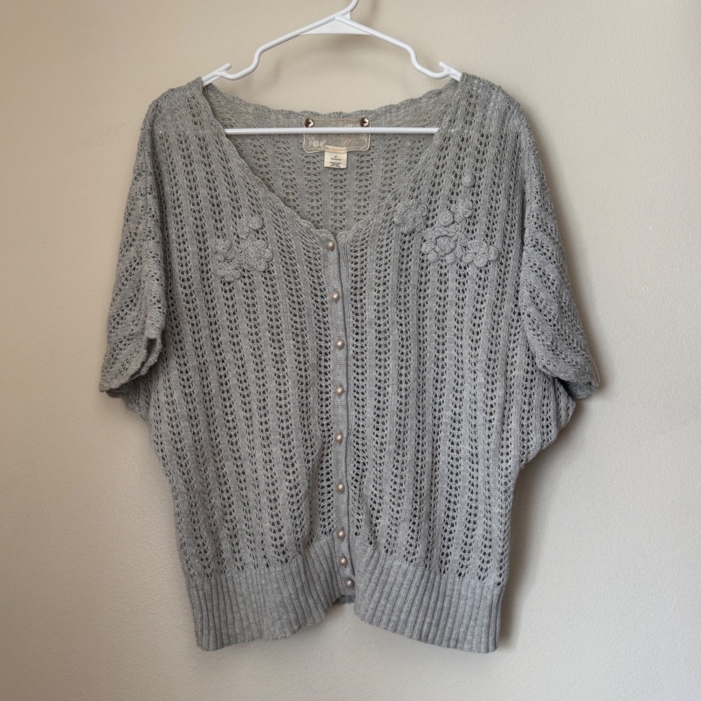 Moth Gray Cotton Crochet Knit Short Sleeve Cardigan Floral V-Neck Y2K Boho